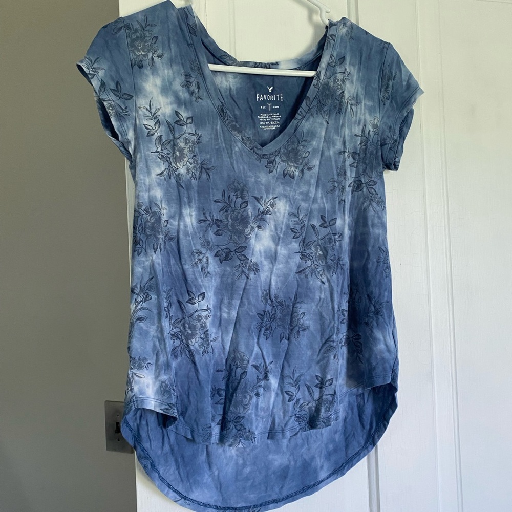 blue tie die and floral “favorite” t shirt